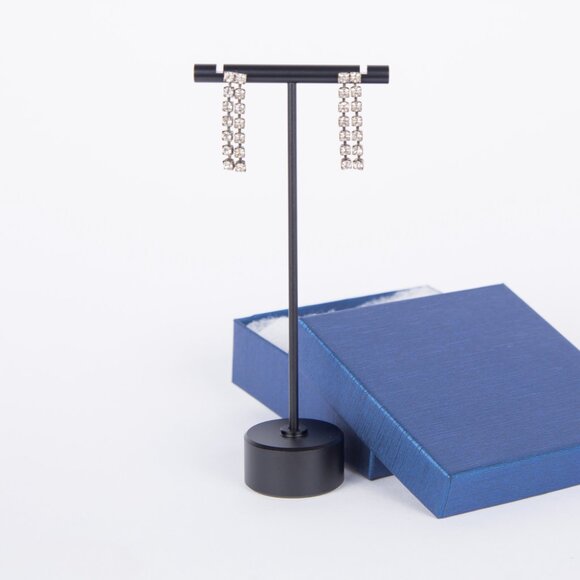 VINTAGE 1980's GLAM ART DECO DOUBLE STRAND HANG RHINESTONE EARRINGS - Picture 3 of 8